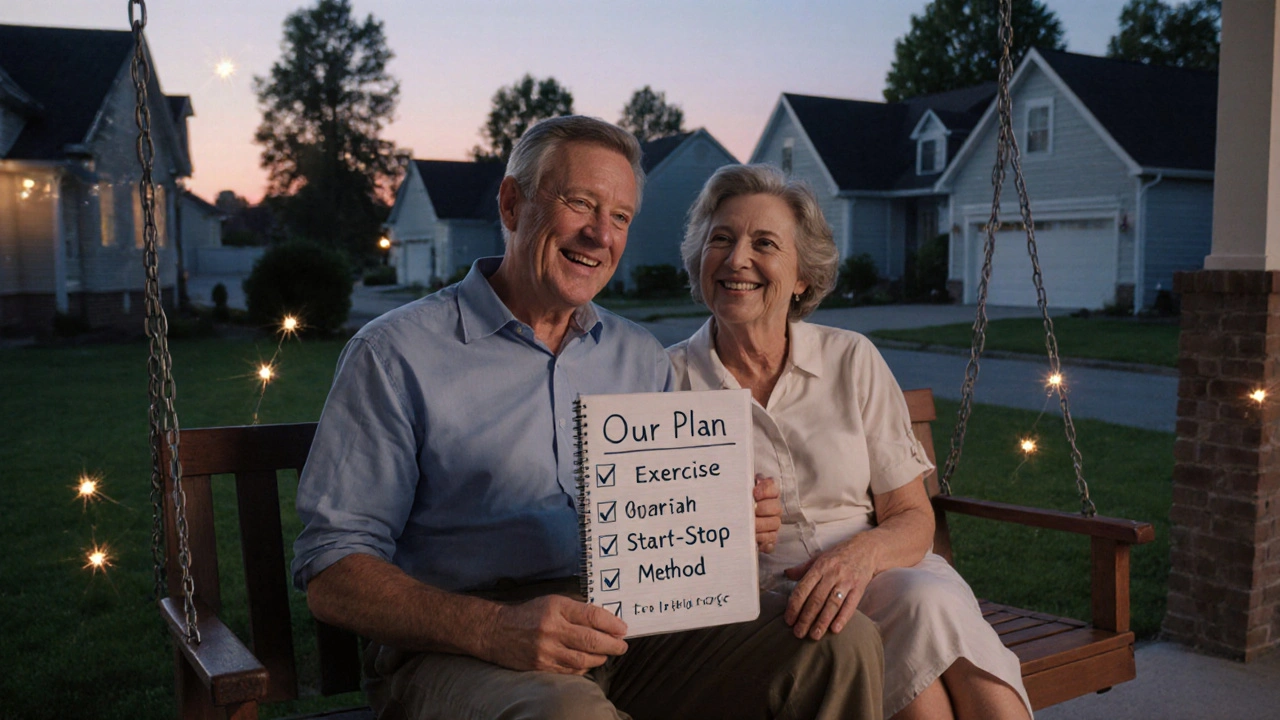A couple on a porch swing, smiling with a notebook of natural remedies, no pills, just quiet connection at dusk.