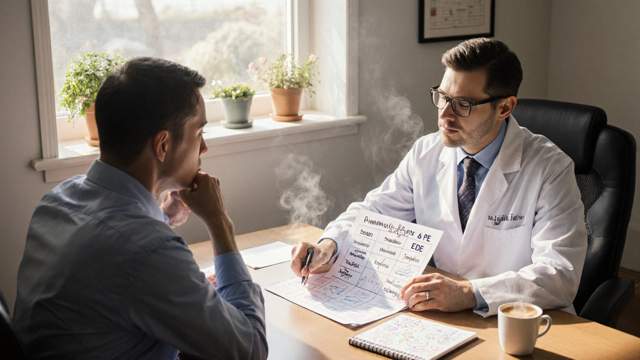 A doctor and patient reviewing treatment options at a clinic desk, with coffee and a chart showing alternatives to combo pills.