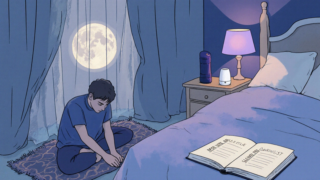 A person follows a bedtime routine with stretching, melatonin bottle, and soft lighting.