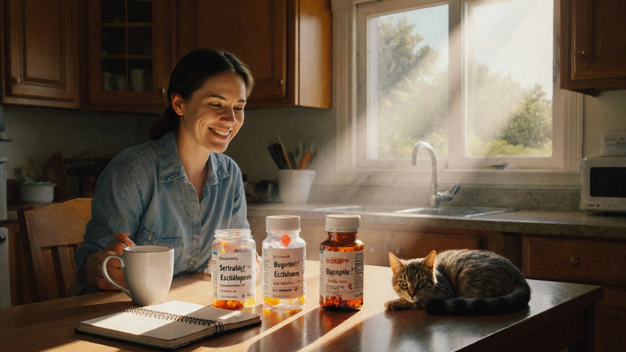 A woman examines different antidepressant pills at her kitchen table with a journal and coffee.