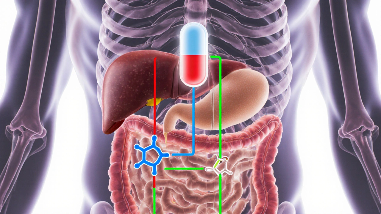 Anatomical illustration showing three drug pathways converging on one pill.