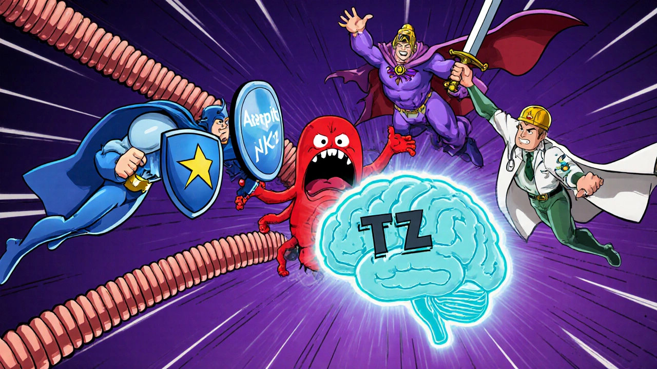 Anti‑nausea superheroes block a cartoon vomit monster from reaching the brainstem.