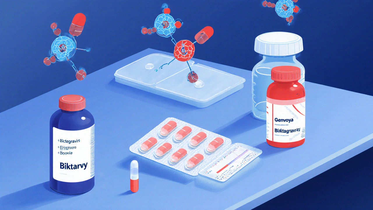 Array of HIV medication bottles and pills illustrating different regimens on a lab bench.