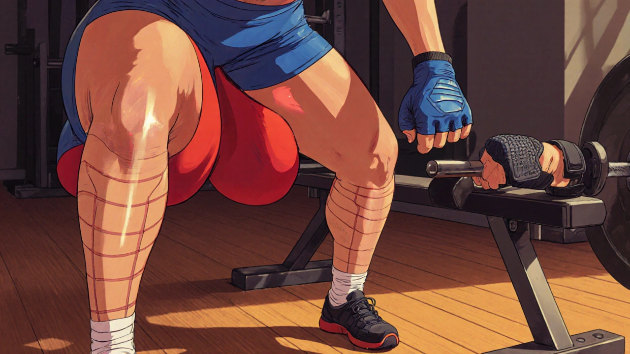 Athlete squatting in silicone‑lined leggings, with silicone‑textured gloves on a barbell.