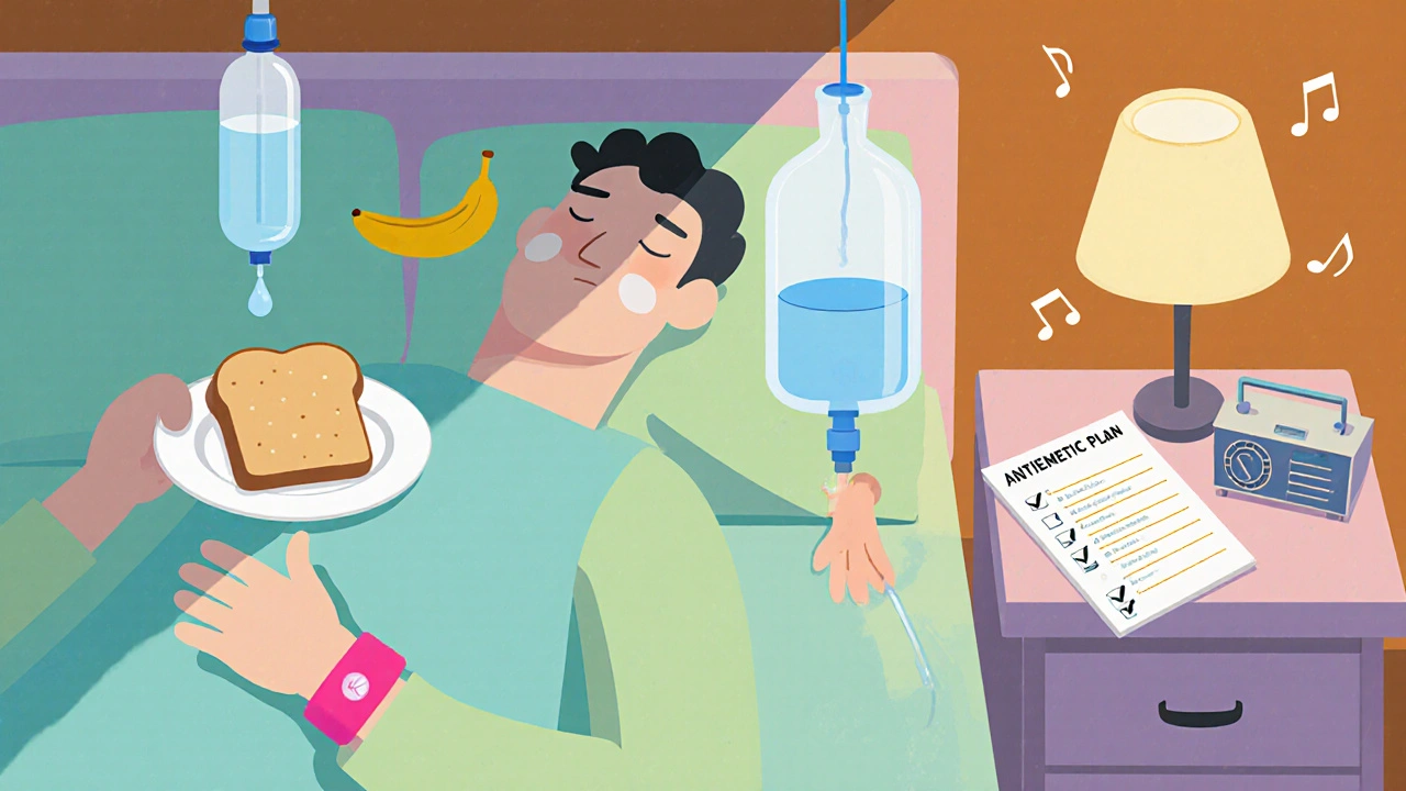Bedside scene with bland foods, hydration IV, acupressure band, music and a checklist for nausea control.