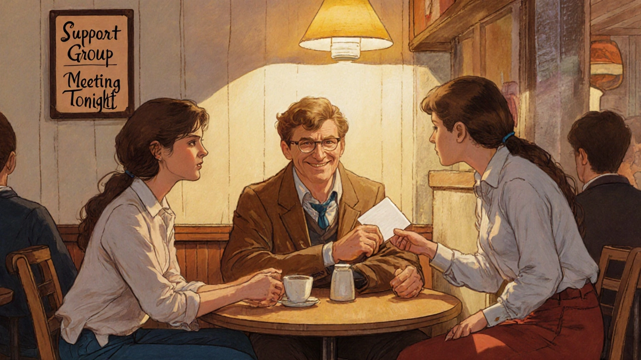 Cafe table where a person smiles while supportive friends listen and offer encouragement.