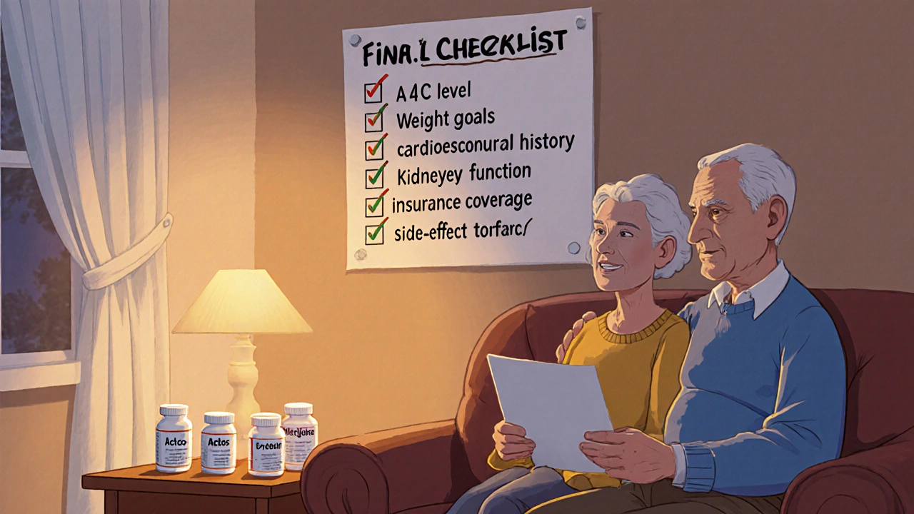 Couple reviewing a health checklist on the wall with three medication bottles nearby.
