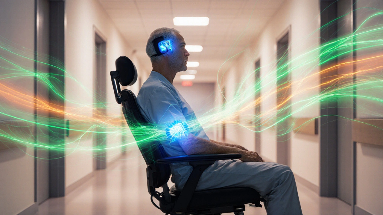 Digital art of patient with deep‑brain stimulator and colorful ribbons symbolizing exercise and hope.