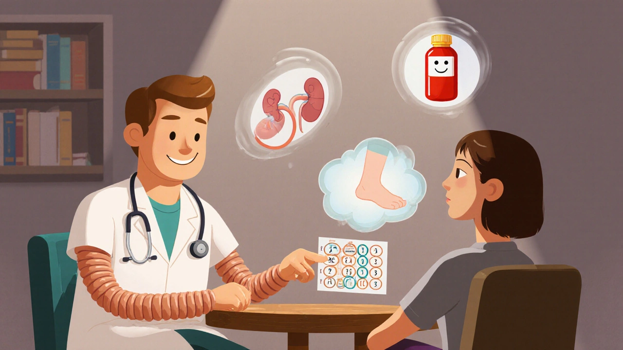 Doctor and patient discussing meds with floating kidney, NSAID bottle, and ankle swelling icons.