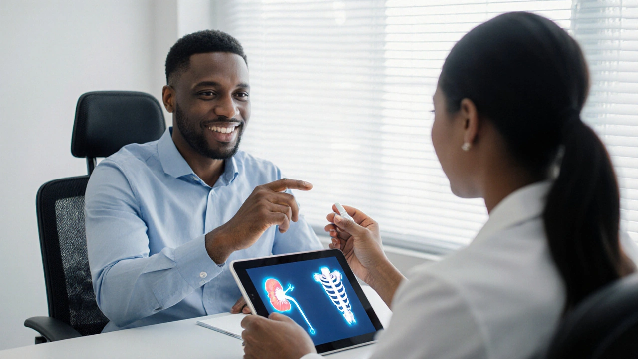 Doctor and patient discussing treatment options with kidney and bone icons visible.