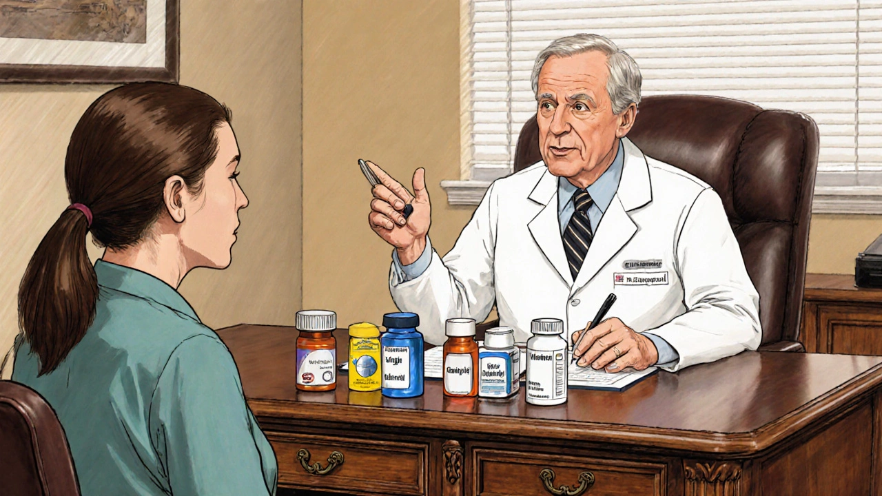 Doctor and patient reviewing an assortment of diabetes pills on a wooden desk.