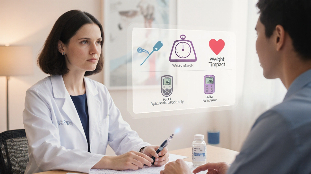 Doctor and patient reviewing heart, weight, and glucose icons with medication options.
