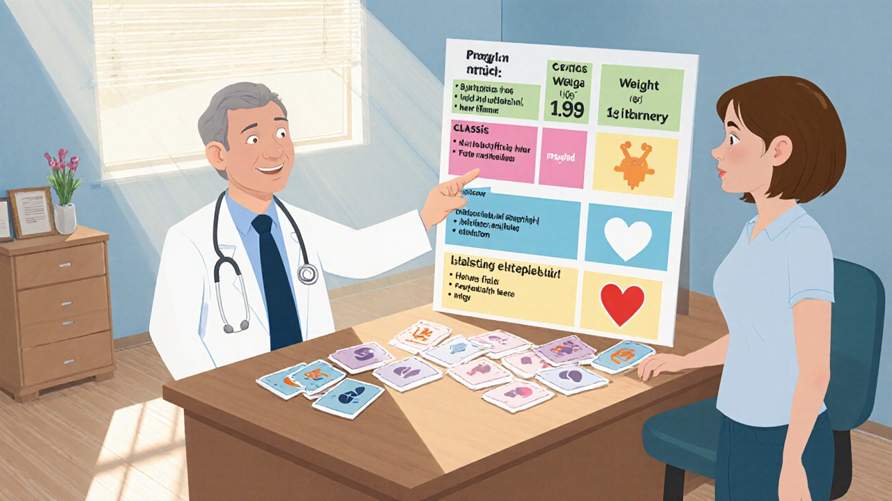 Doctor pointing to a medication comparison chart on a table while patient watches in clinic.