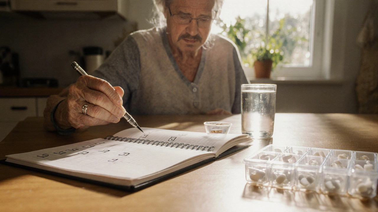 Elderly person managing meds at a sunny kitchen table with water and notebook.