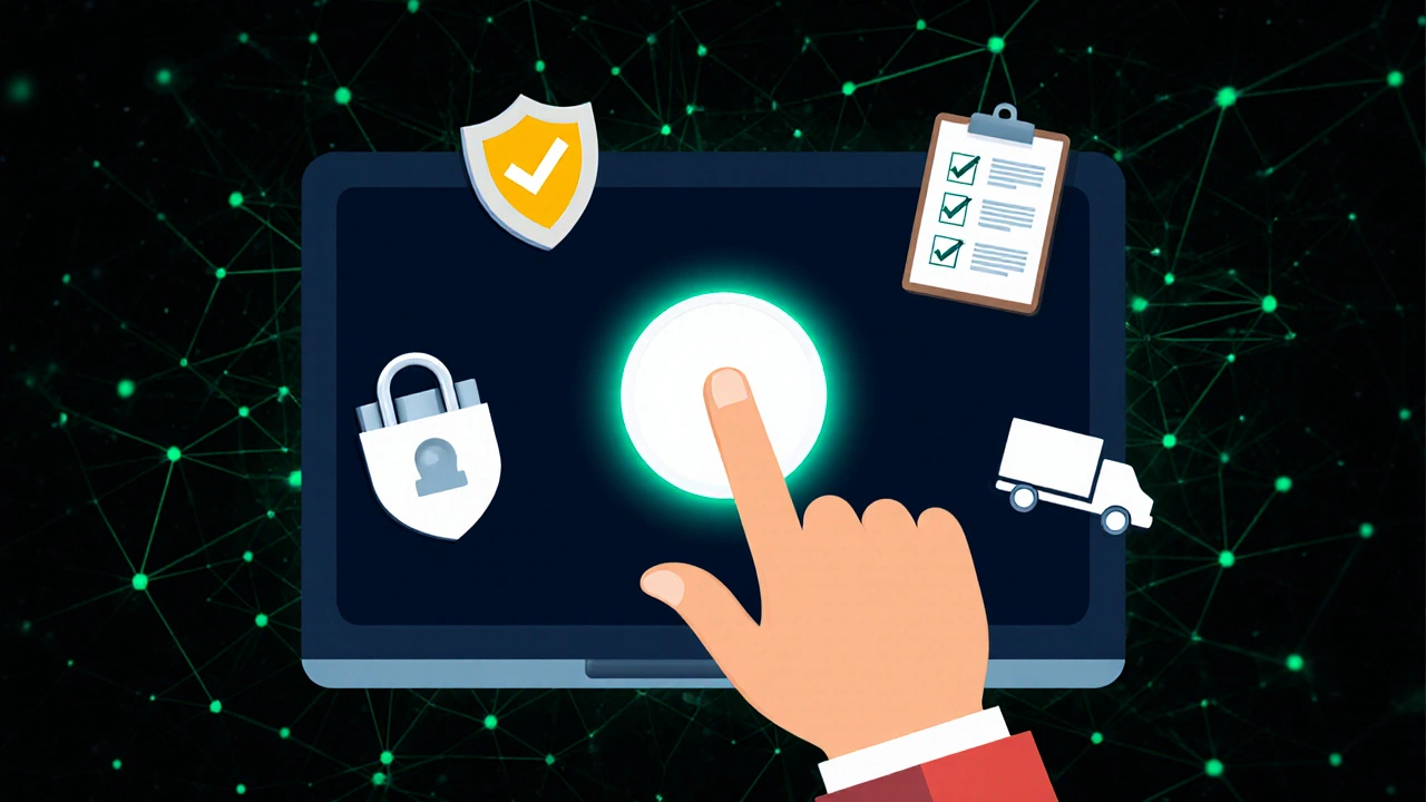 Hand hovering over a glowing button surrounded by safety icons like shield, lock, and checklist.