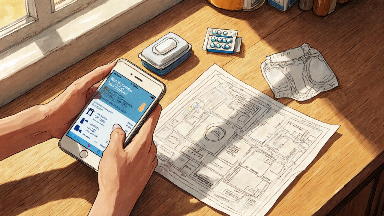 Kitchen counter scene with a phone showing restroom map and a neatly packed symptom kit.