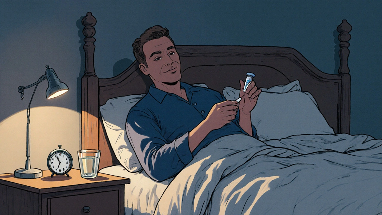 Man holding a Viagra pill beside a clock, ready for dosing in a bedroom.