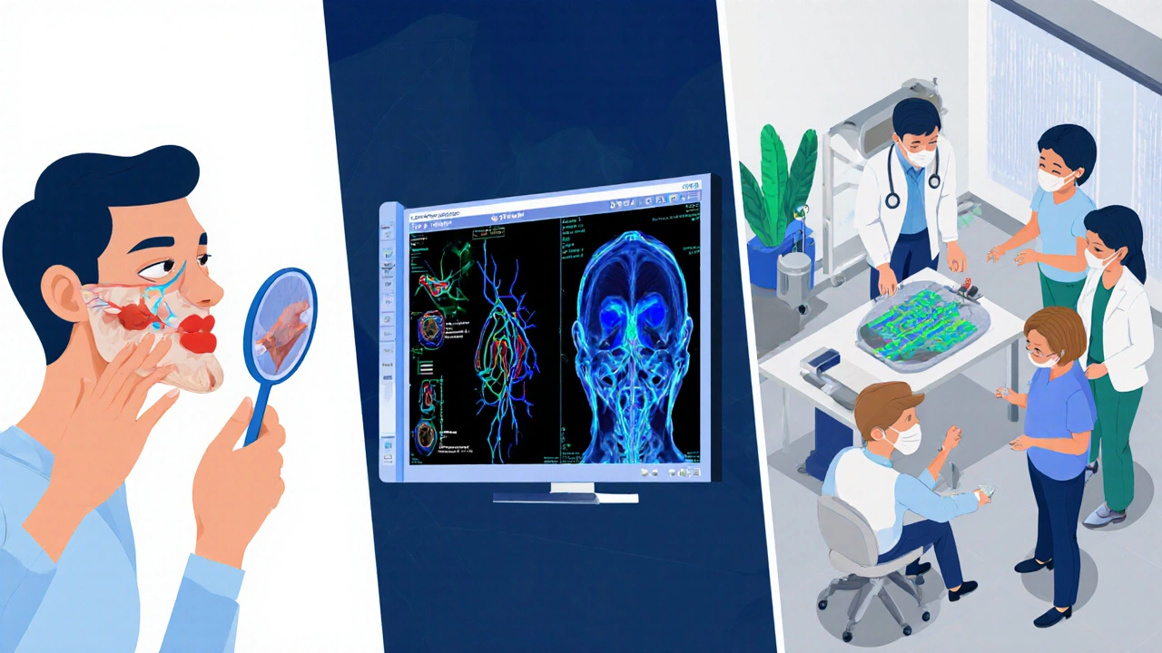 Medical illustration of a dentist, neurologist, and therapist reviewing jaw and nerve scans.