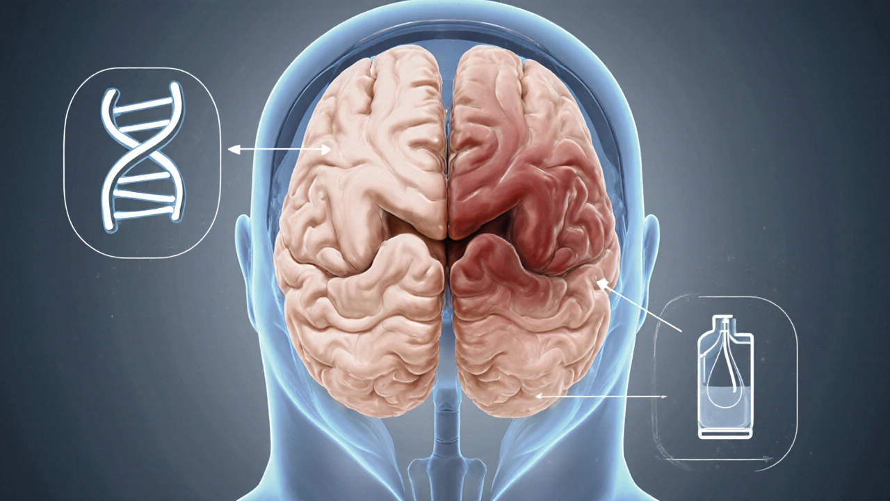 Medical illustration of brain showing substantia nigra degeneration and icons for genetics and pesticides.