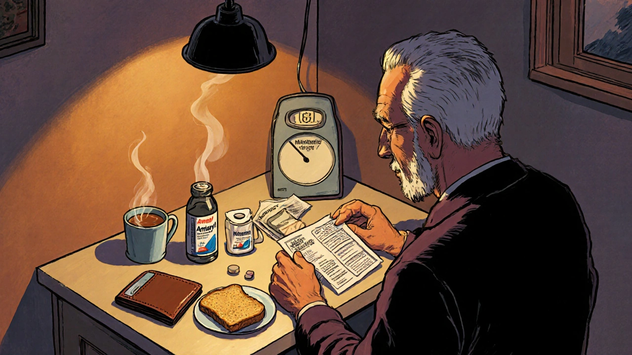 Older man comparing three diabetes medications beside a glucose meter and wallet in a kitchen.