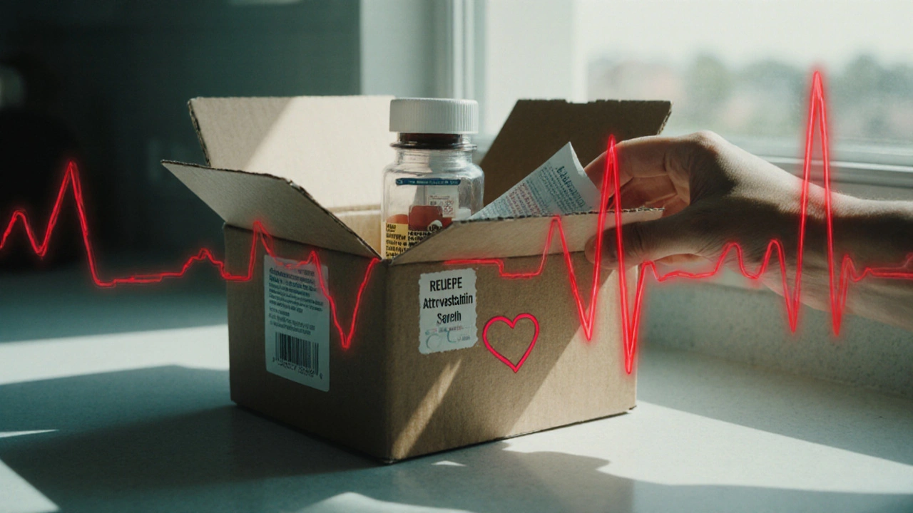 Open delivery box showing a generic atorvastatin bottle and heart health symbol on a kitchen counter.