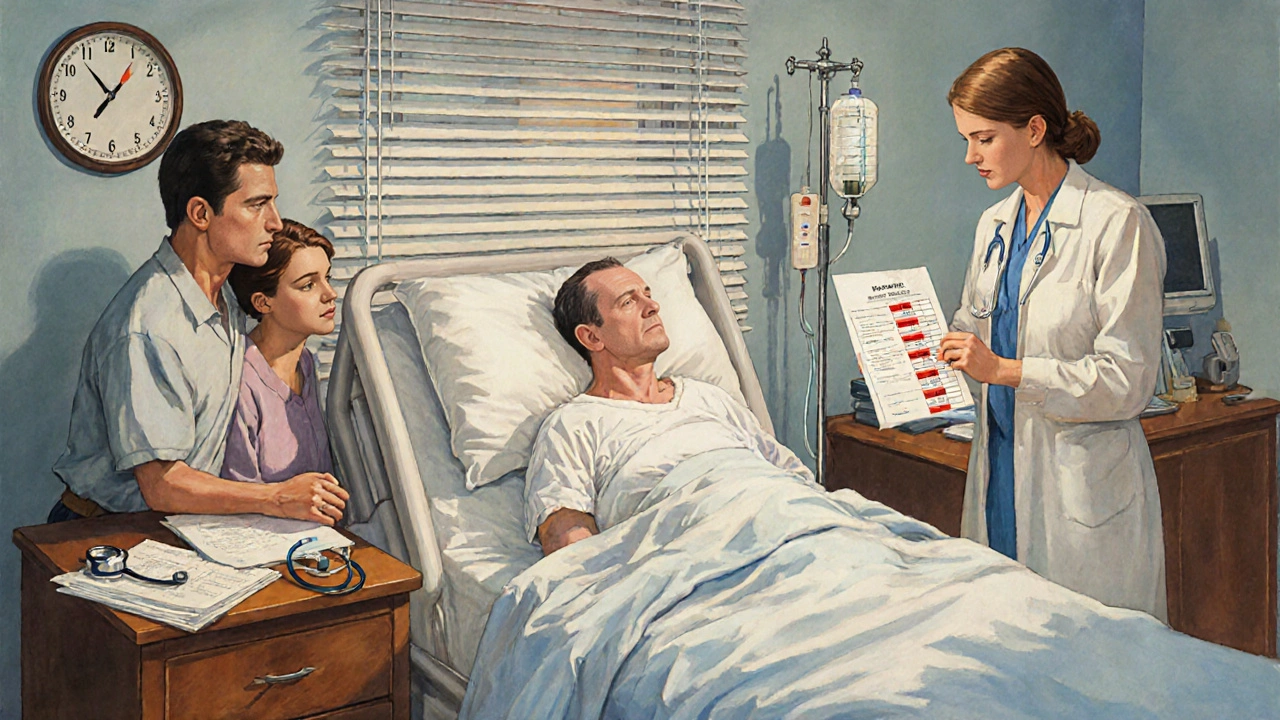 Pale patient in hospital bed with family nearby, nurse holding blood test showing dangerously low cell counts.