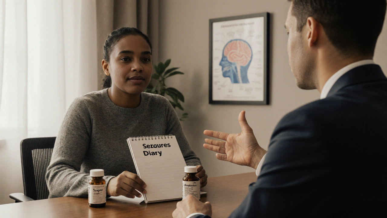 Patient and doctor discussing medication options at a table, holding a seizure diary.