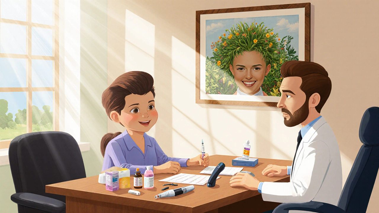 Patient with thicker hair consulting a smiling dermatologist, showing treatment tools.