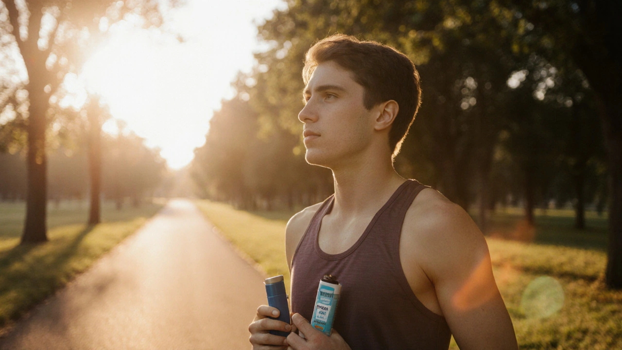 Person holding inhaler outdoors, contemplating its use.