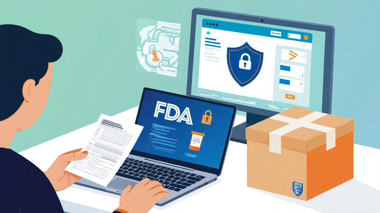 Person ordering medication online on a laptop, showing security icons and discreet packaging.
