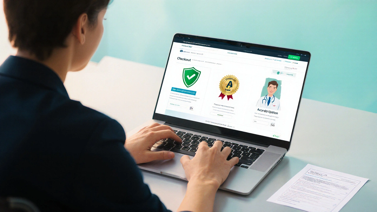 Person using a laptop to review a secure online pharmacy checkout with accreditation icons.