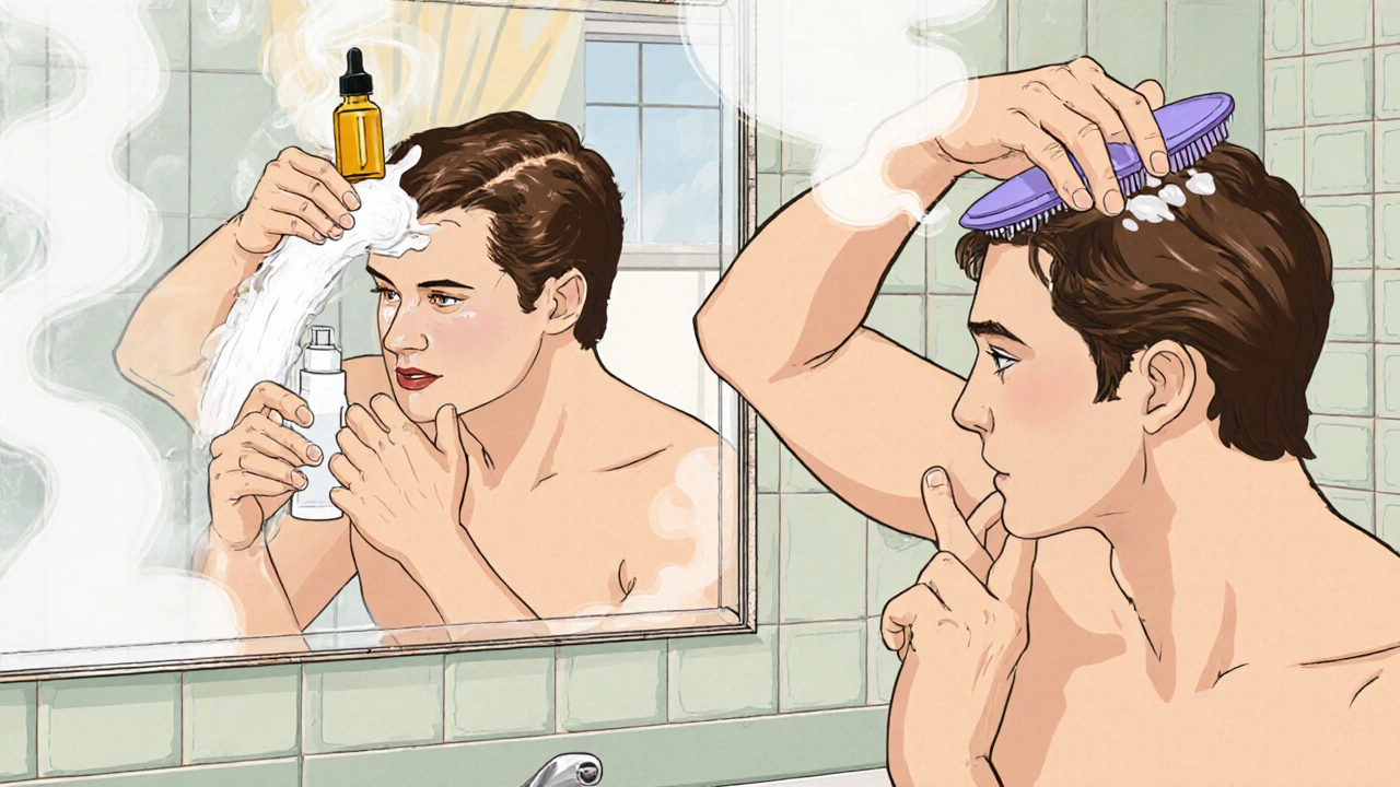 Person washing hair, applying serum, and massaging scalp in a vintage bathroom.