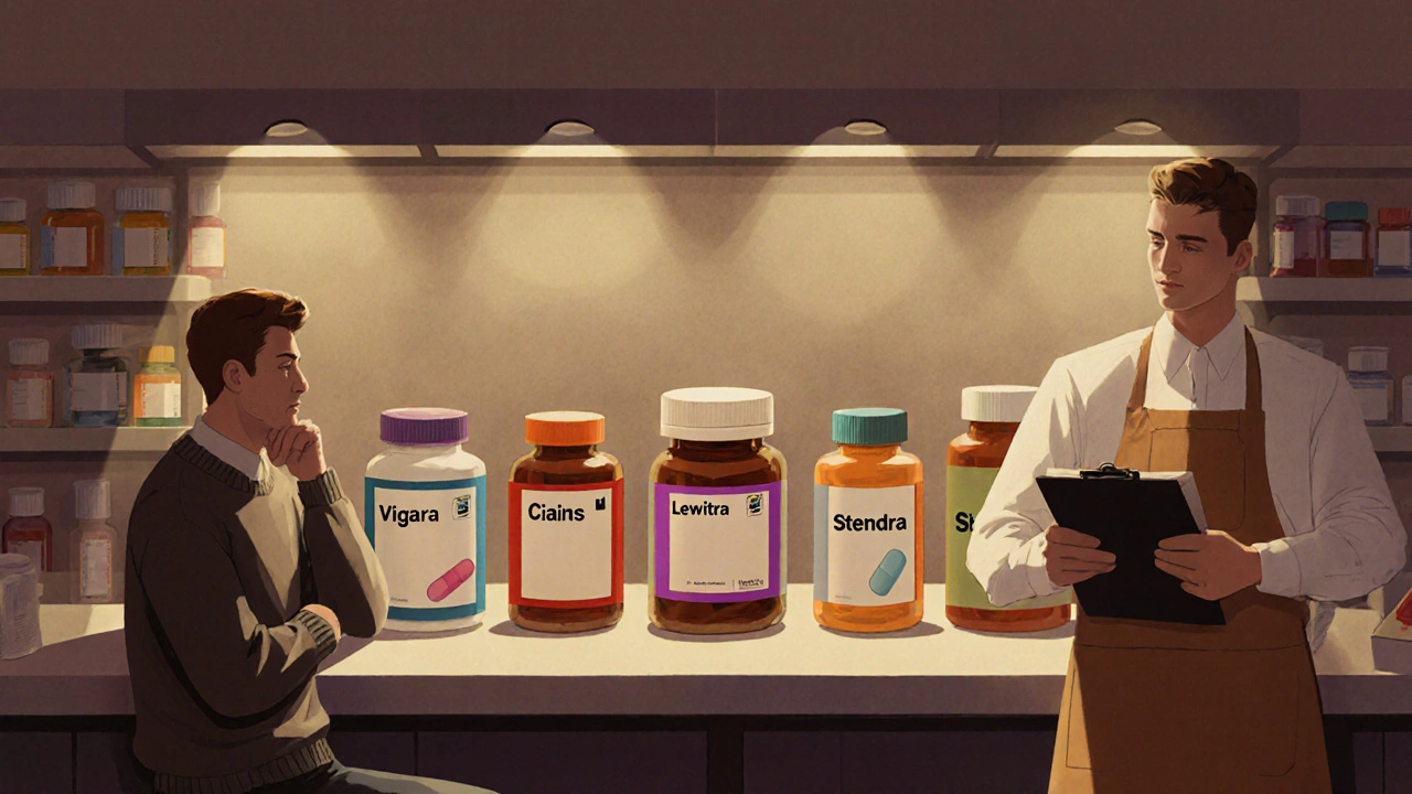 Pharmacy counter with assorted ED medication bottles and a man reviewing them.