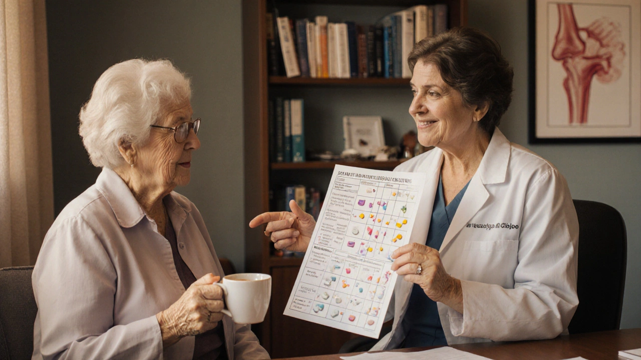 Rheumatologist explaining treatment chart to patient in cozy clinic office with warm lighting.