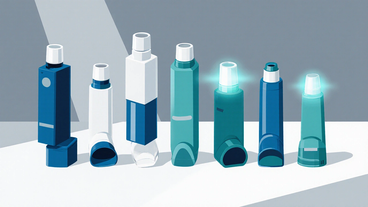 Row of various inhaler devices placed on a white surface.