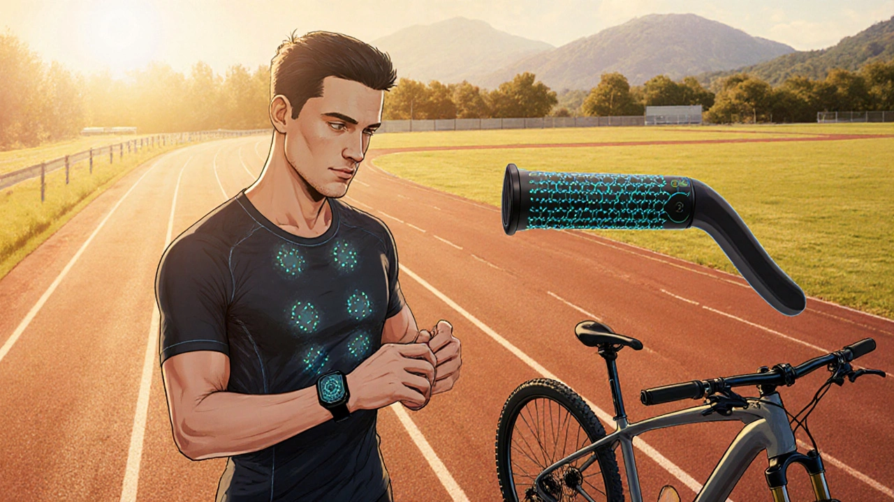Runner in smart silicone shirt receiving data, beside a bike with adaptive silicone grip.