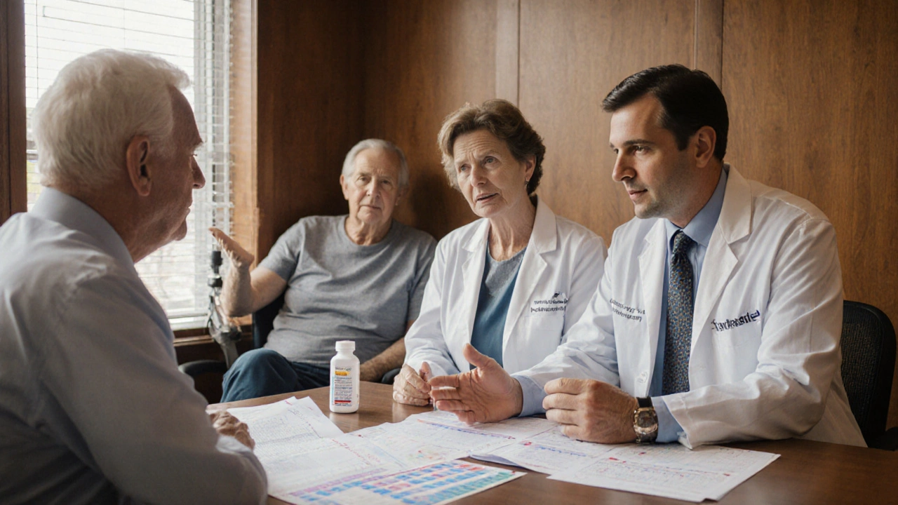 Specialist and pharmacist reviewing blood tests with patient, febuxostat bottle visible as safer alternative.