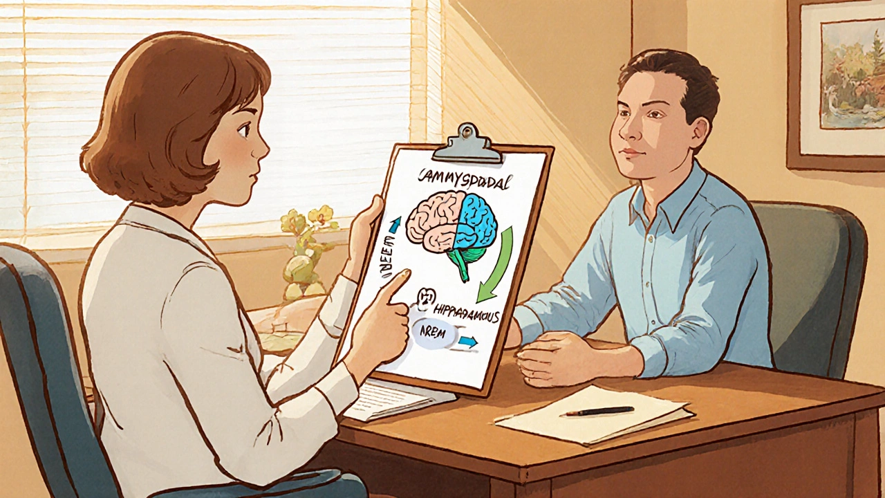 Therapist and patient look at a cartoon brain diagram showing REM and NREM areas.