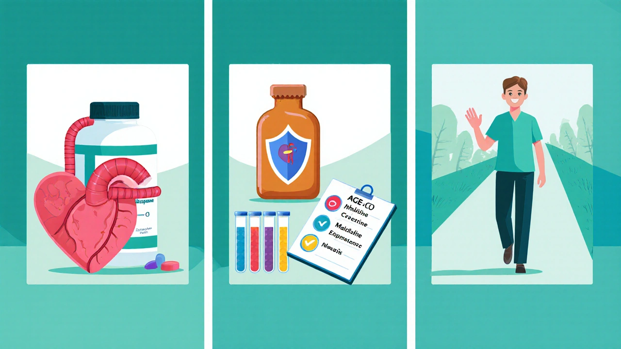 Three-panel cartoon showing medication bottles, lab tests, and happy patient walking.