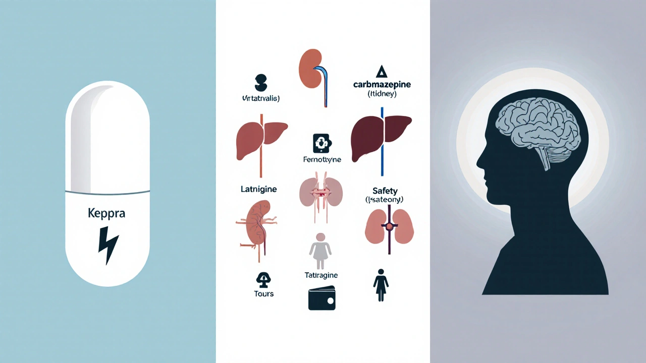 Three‑panel pastel illustration showing Keppra, other AED pills with icons, and a calm brain silhouette.