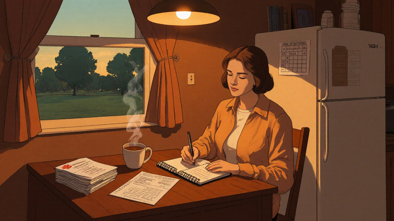 Woman writes a symptom diary at kitchen table while lab reports and calendar are visible.