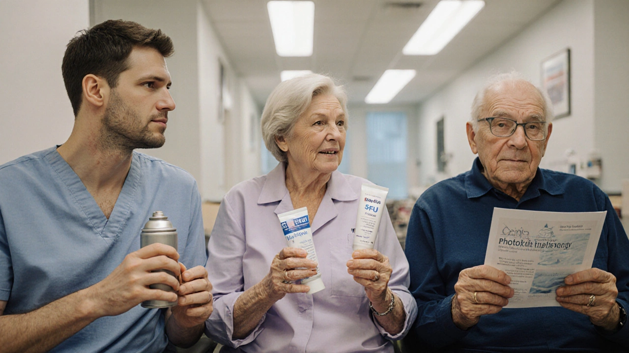 A diverse group of patients sit in a clinic waiting room, holding various skin treatment options.