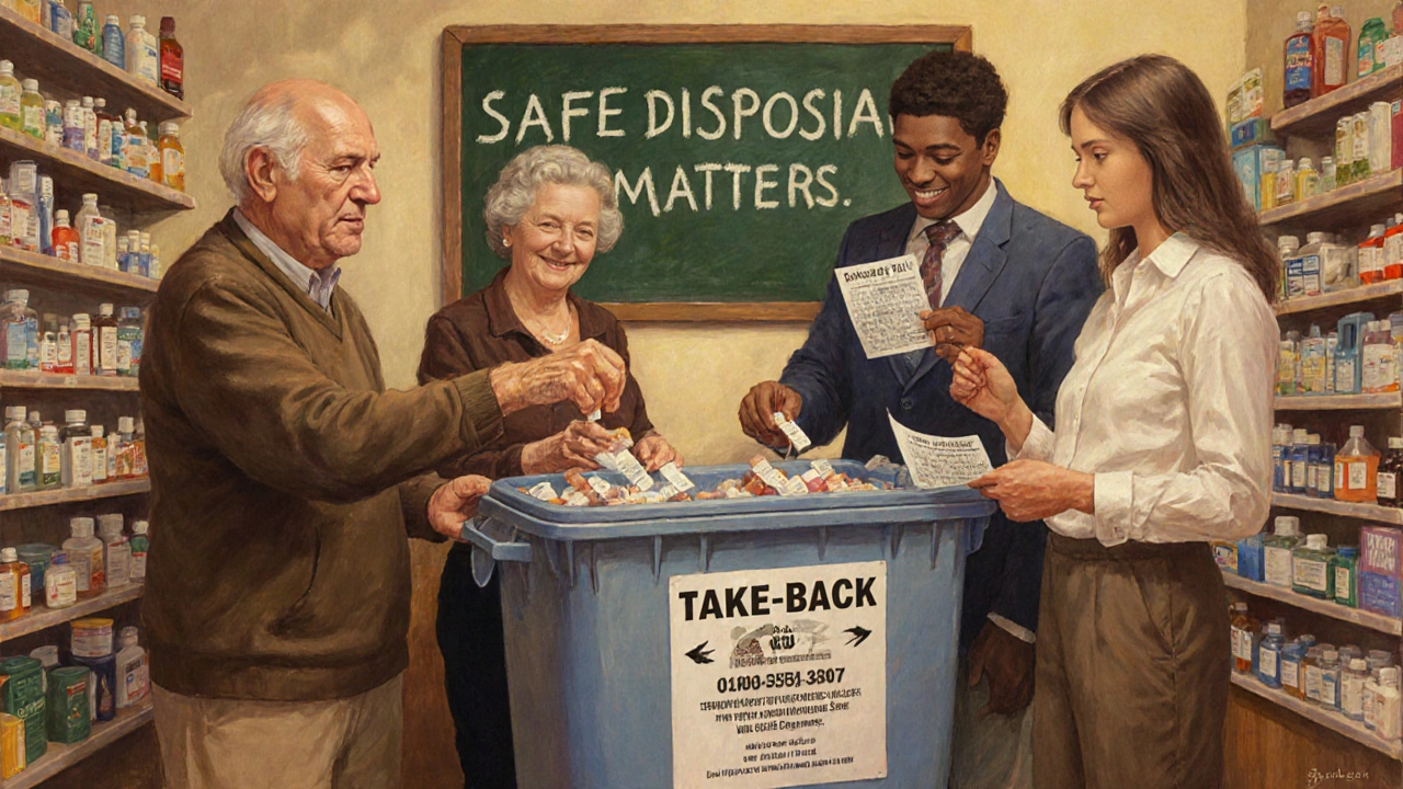 A diverse group of people drops medications into a pharmacy take-back bin under warm, inviting light.