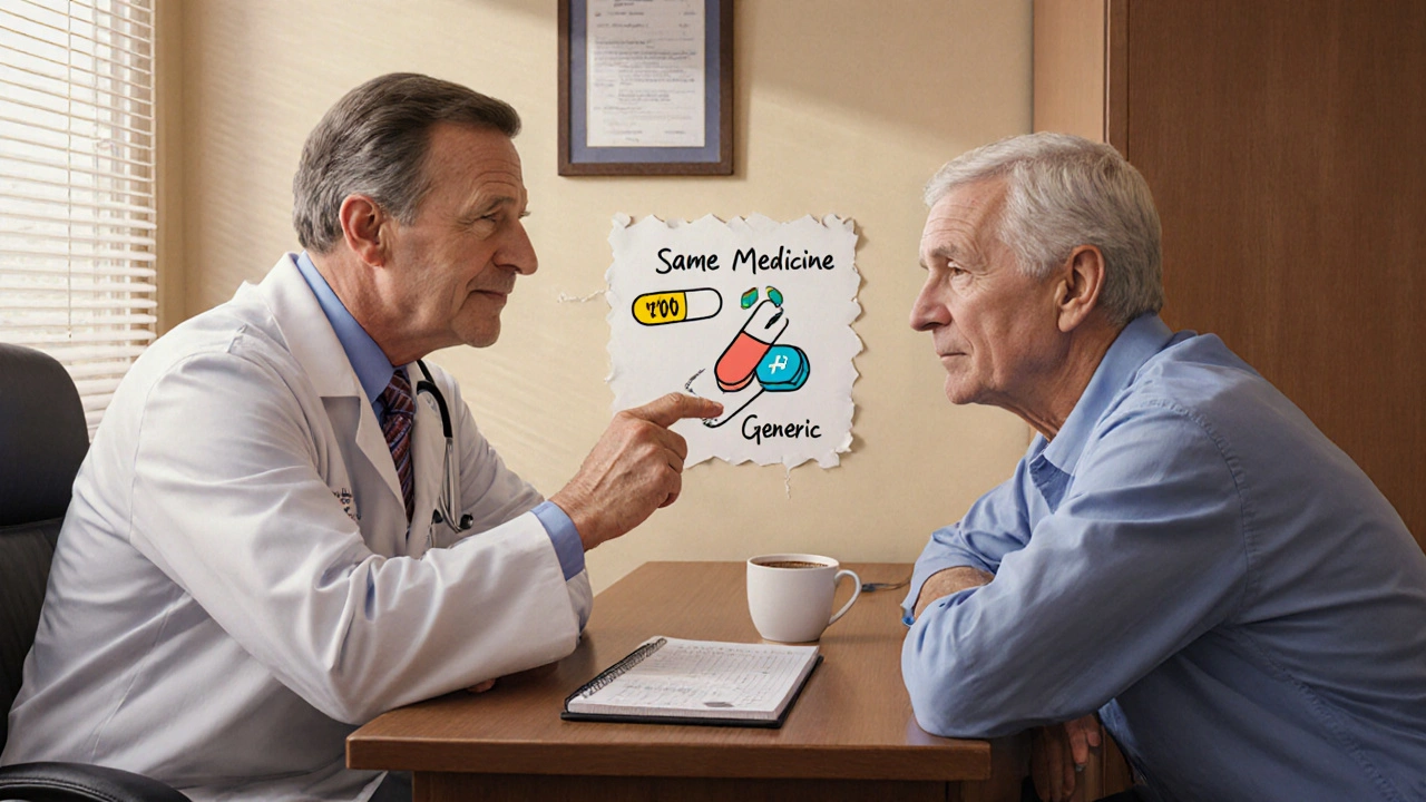 A doctor and patient discuss generics at a clinic desk, using a simple diagram to show the medicines are the same.