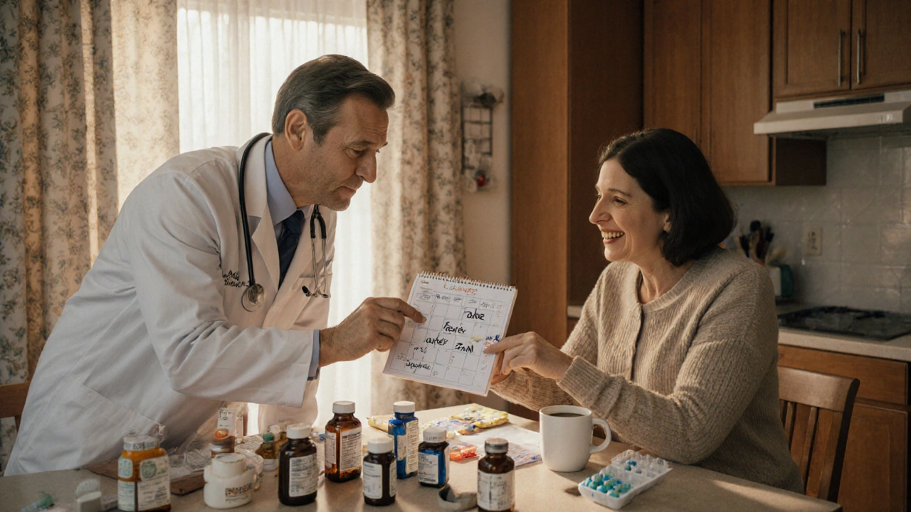 A doctor and patient discussing medication timing at a kitchen table with sunlight streaming in.