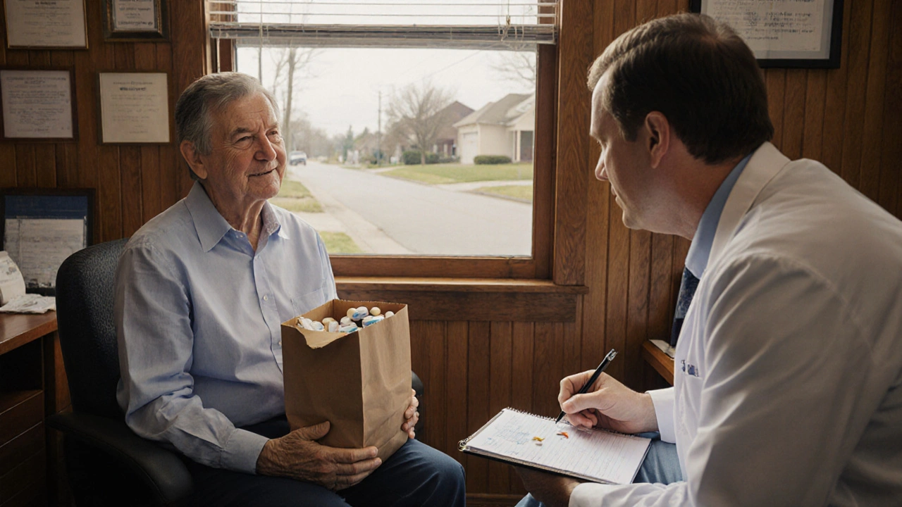A doctor and patient having a compassionate conversation about medications in a clinic.
