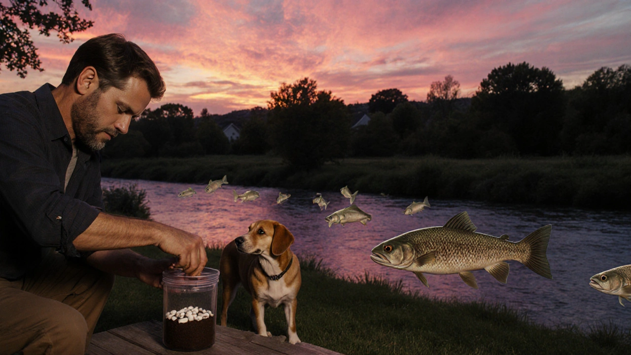 A man mixes pills with coffee grounds at home, while a river with unusual fish flows in the distance.