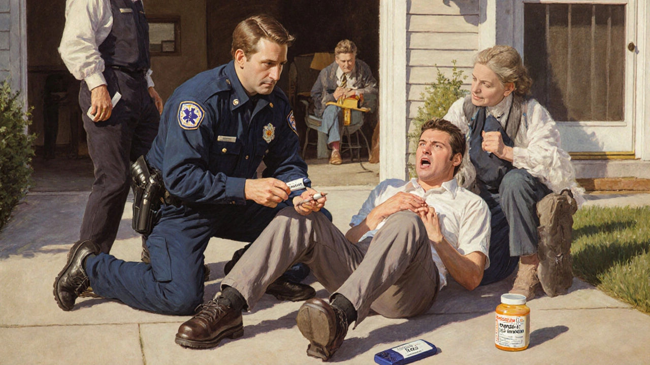 A paramedic administers epinephrine to a patient in a driveway while bystanders assist, with a prescription bottle nearby.
