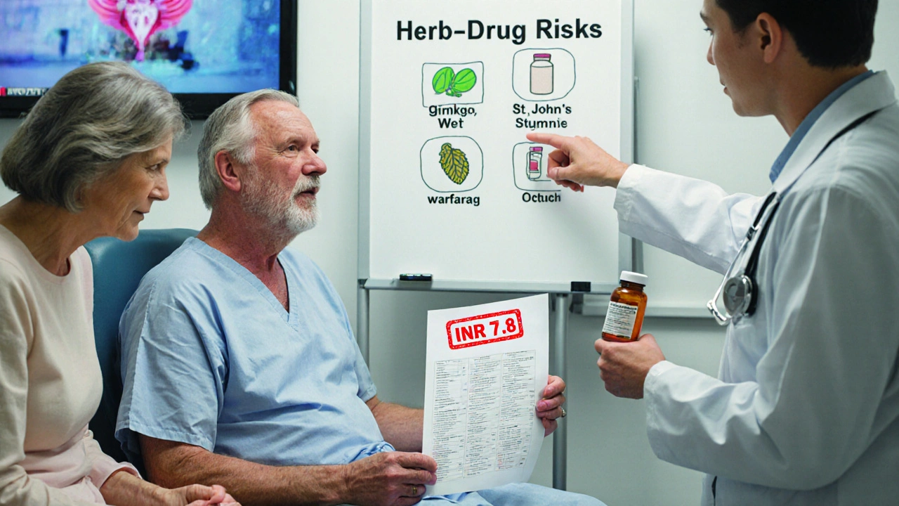A patient in a hospital gown with high INR results, sitting beside his wife as a doctor explains herb-drug risks.