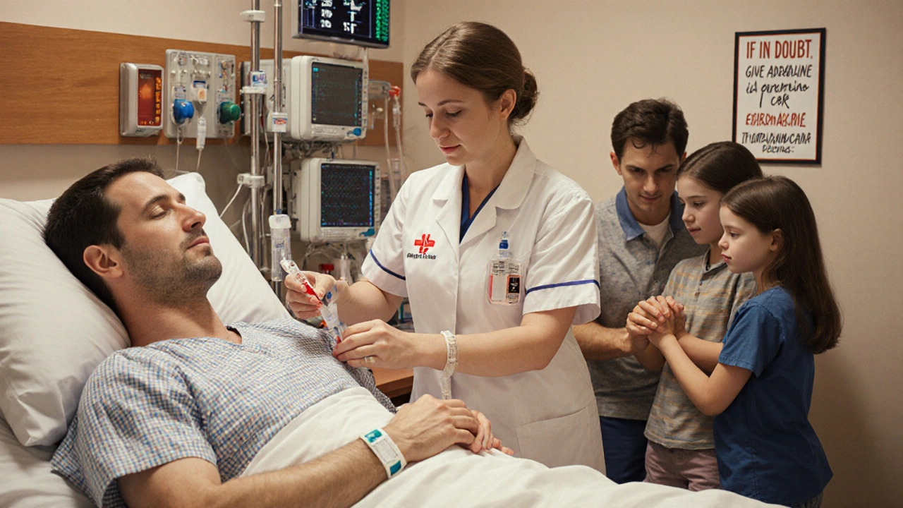 A patient recovers in a hospital with IV fluids and a second auto-injector on the table, family nearby in quiet relief.
